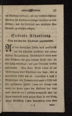 Siebende Abhandlung. Von der Art den Chokolate zuzubereiten.