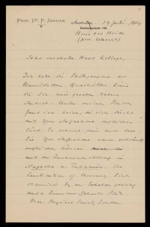 Brief von Pieter Zeemann an Karl Schwarzschild, Huis ter Heide (prov. Utrecht), 19.7.1914