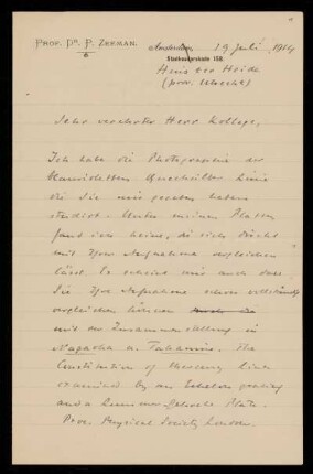 Brief von Pieter Zeemann an Karl Schwarzschild, Huis ter Heide (prov. Utrecht), 19.7.1914