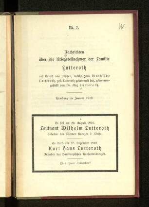 Nachrichten über die Kriegsteilnehmer der Familie Lutteroth.