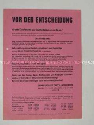 Propagandaflugblatt der Gewerkschaft Textil-Bekleidung zum Stand der Tarifverhandlungen