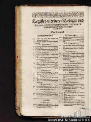 Register aller deren Predigen und Locorum communium oder Gemeinen Lehrstucken / so in diesem 1. Theyl deß Buchs der Weißheit begrieffen sind.