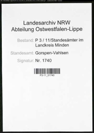 Sterberegister Standesamt Gorspen-Vahlsen