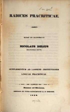 Radices Pracriticae : supplementum ad Lasseni Institutiones linguae Pacriticae
