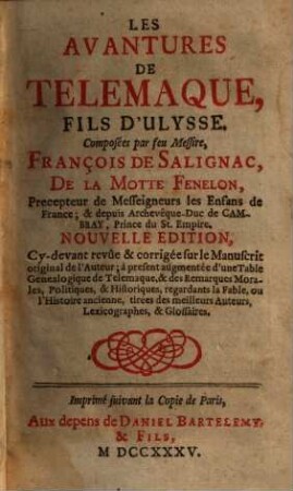 Les Avantures De Telemaque, Fils D'Ulysse