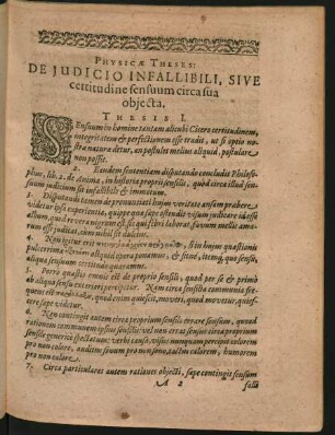Physicae Theses: De Iudicio Infallibili, Sive certitudine sensuum circa sua obiecta.