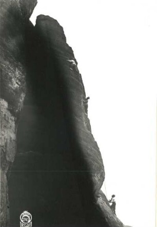 Sächsische Schweiz, Schmilka. Kleiner Falknerturm. Seilschaft Oswald Kunis in der Gipfelwand der Herrmannswand (VIIb [VIIIa])