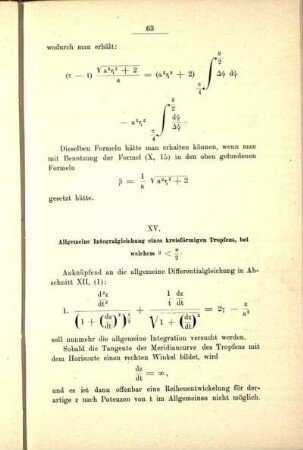XV. Allgemeine Integralgleichung eines kreisförmigen Tropfens, bei welchem [...].