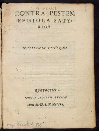 CONTRA PESTEM || EPISTOLA SATY=||RICA || NATHANIS CHYTRAEI.||