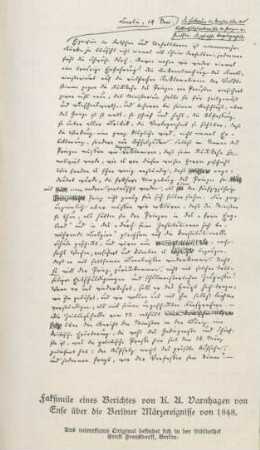 Faksimile eines Berichtes von K. A. Varnhagen von Ense über die Berliner Märzereignisse von 1848