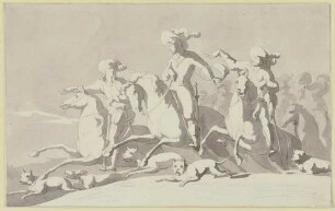 Der wilde Reiter: Drei Reiter mit Gefolge nach links springend, mit fünf Hunden