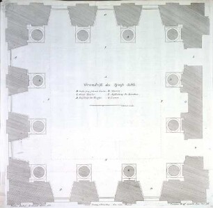 Fürstlicher Baumeister oder Architectura civilis : wie grosser Fürsten und Herren Palläste mit ihren Höfen, Lusthäusern, Gärten, Grotten, Orangerien und anderen darzu gehörigen Gebäuden füglich anzulegen und nach heutiger Art auszuzieren ; zusamt den Grund-Rissen und Durchschnitten, auch vornehmsten Gemächern und Säälen eines ordentlichen fürstlichen Pallastes / inventirt und gezeichnet durch Paulus DeckerTafel XXXIX: Grundriss des Speisesaals - Fürstlicher Baumeister oder Architectura civilis ... Teil 1, Teil 2, Anhang