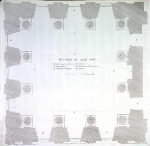 Fürstlicher Baumeister oder Architectura civilis : wie grosser Fürsten und Herren Palläste mit ihren Höfen, Lusthäusern, Gärten, Grotten, Orangerien und anderen darzu gehörigen Gebäuden füglich anzulegen und nach heutiger Art auszuzieren ; zusamt den Grund-Rissen und Durchschnitten, auch vornehmsten Gemächern und Säälen eines ordentlichen fürstlichen Pallastes / inventirt und gezeichnet durch Paulus DeckerTafel XXXIX: Grundriss des Speisesaals - Fürstlicher Baumeister oder Architectura civilis ... Teil 1, Teil 2, Anhang