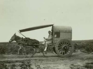 Provinz Schan-tung (Shandong), China. Reisewagen (Lo tsche) mit Mauleselgespann