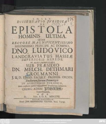Dissertatio Juridica De Epistola Hominis Ultima