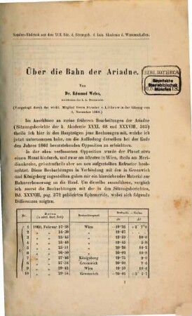 Über die Bahn der Ariadne : vorgelegt durch das wirkl. Mitglied Herrn Director v. Littrow in der Sitzung vom 3. November 1860