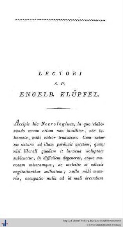 Lectori S.P. Engelb. Klüpfel.