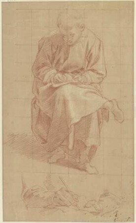 Studienblatt: Sitzender Mann, auf dem übergeschlagenen Knie ein Buch haltend und darin schreibend, darunter Hände, mit der Feder zeichnend oder schreibend