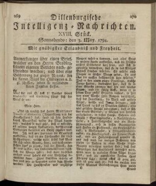 XVIII. Stück. Sonnabends: den 3. May 1794.