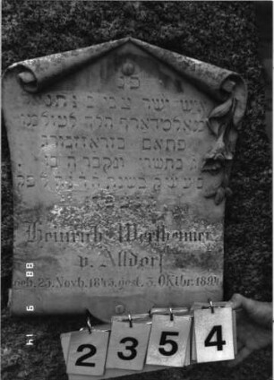 Grabstein 2354 (Index: 100097541) Maße HxBxT: 141x68x53 cm Symbolik: Schriftrolle: Grabstein 2354 (Detailaufnahme)