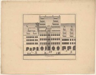 Das Wohnhaus Küstner am Markt in Leipzig, Straßenfassade mit Staffage, Blatt 16 aus einer Reihe Leipziger Wohnhäuser und Palais’