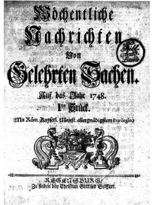 1748: Wöchentliche Nachrichten von gelehrten Sachen auf das Jahr 1748