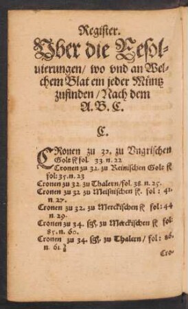 Register. Uber die Resolvierungen/ wo und an Welchem Blat ein jeder Müntz zufinden ...
