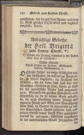 Andächtige Gebethe der Heil. Brigittä zum Leyden Christi