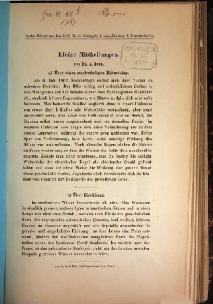 Kleine Mittheilungen : a) über einen merkwürdigen Blitzschlag ; b) über Eisbildung
