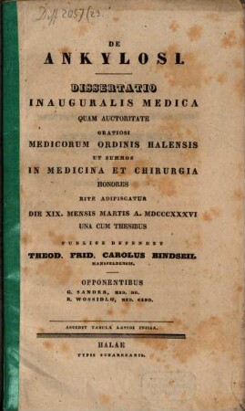 De ankylosi : Dissertatio inauguralis medica ; Accedit tabula lapidi incisa