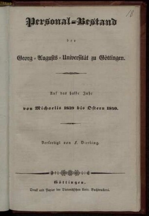 WS 1839/40: Personal-Bestand der Georg-Augusts-Universität zu Göttingen