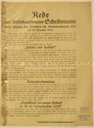 Flugblatt mit Scheidemann-Rede zum Einzug der aus dem 1. Weltkrieg zurückkehrenden Truppen am Brandenburger Tor in Berlin