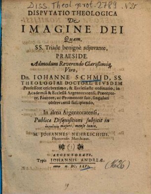 Dispvtatio Theologica De Imagine Dei