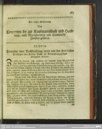 Die eilfte Abtheilung. Von Concepten die zur Kaufmannschaft und Handlung, auch Manufacturen und Handwerks-Zünften gehören