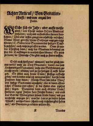 Achter Articul/ Von Gevatterschaft/ und von anzall der Paten.