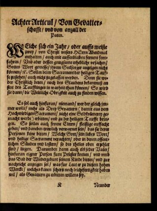 Achter Articul/ Von Gevatterschaft/ und von anzall der Paten.
