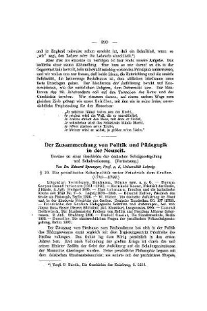 Der Zusammenhang von Politik und Pädagogik in der Neuzeit : Umrisse zu einer Geschichte der deutschen Schulgesetzgebung und Schulverfassung ; (Fortsetzung)