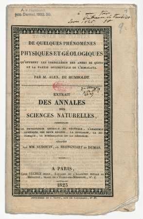 "De quelques Phénomènes physiques et géologiques q'offrent les Cordillères des Andes de Quito et le partie occidentale de l'Himalaya"
