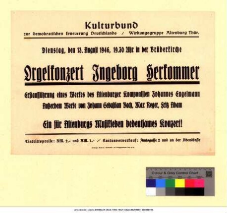 Originaltitel: Orgelkonzert Ingeborg Herkommer Erstaufführung eines Werkes des Altenburger Komponisten Johannes Engelmann Außerdem Werke von Johann Sebastian Bach, Max Reger, Fritz Adam