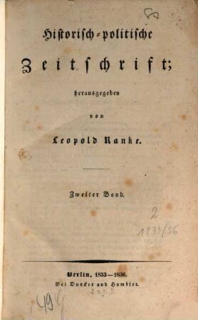 Historisch-politische Zeitschrift. 2, 2. 1833/36