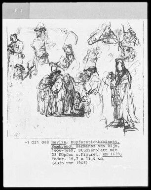 Studienblatt mit dreiundzwanzig Köpfen und Figuren