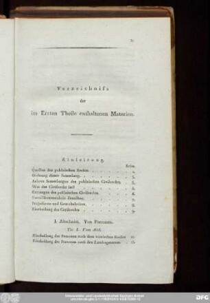 Verzeichniss der im Ersten Theile enthaltenen Materien.