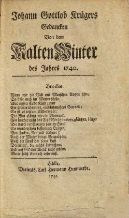 Johann Gottlob Krügers Gedanken von dem kalten Winter des Jahres 1740