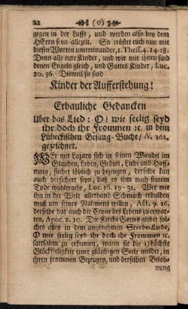 Erbauliche Gedancken uber das Lied: O! wie seelig seyd ihr doch ihr Frommen etc. in dem Lübeckischen Gesang-Buche, N. 262. gezeichnet.