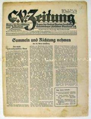 Wochenzeitung des Central-Vereins deutscher Staatsbürger jüdischen Glaubens "C.V.-Zeitung" über das Leben der Juden im NS-Staat