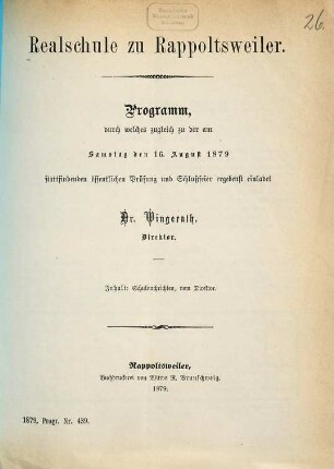 Programm : mit welchem zu der öffentlichen Schulfeier am ... ergebenst einladet der Direktor, 1878/79