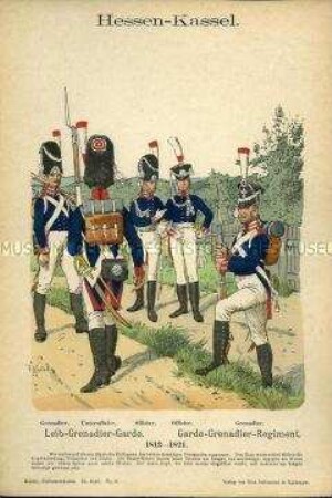 Uniformdarstellung, Grenadiere, Unteroffizier und Offiziere der Leib-Grenadier-Garde bzw. des Garde-Grenadier-Regiments, Hessen-Kassel, 1813/1821.