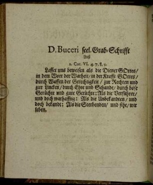 D. Buceri seel. Grab-Schrifft