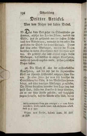 Dritter Artickel. Von dem Nutzen des kalten Bades.