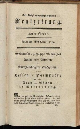 40tes Stück. Wien den 8ten Octob. 1774.